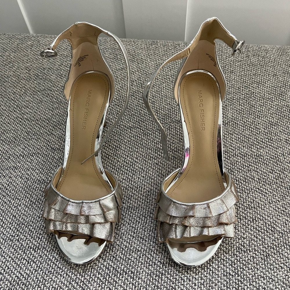 Marc Fisher, Silver Metallic Balia Ruffle Sandals, Women's Size 7
